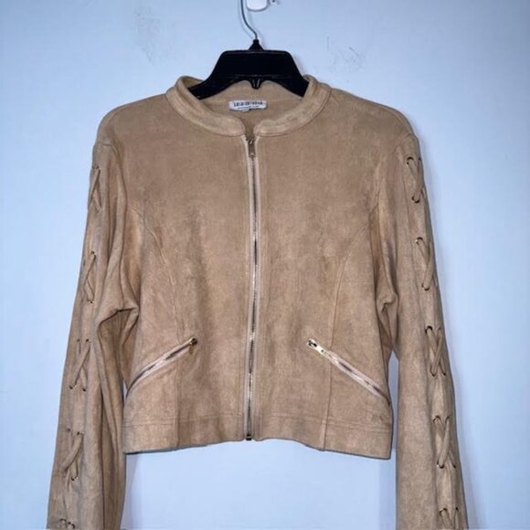 Fashion Nova Women's Vegan Suede Stretch Jacket Full Zip Pockets Tan SZ 1X - Picture 5 of 9
